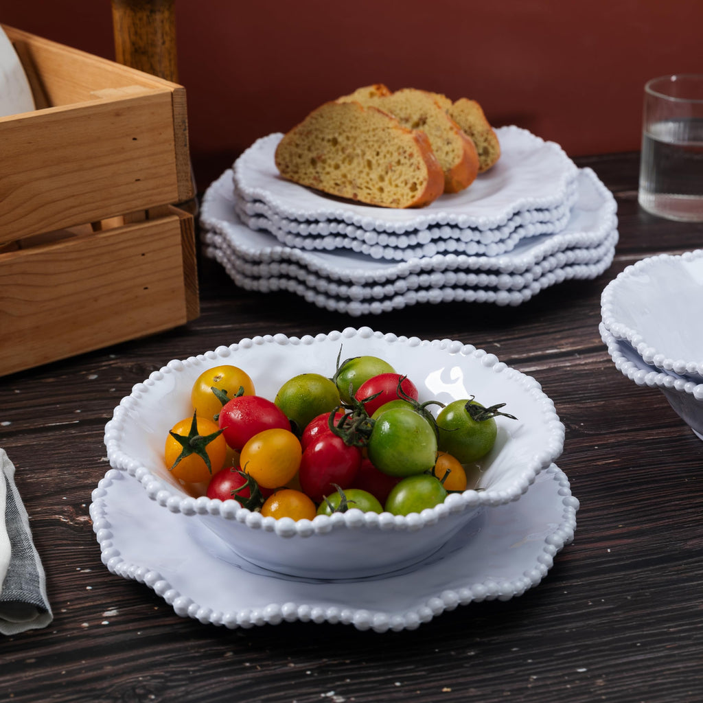 White Beaded Melamine Dinnerware Set, 18 piece Plates and Bowl Set