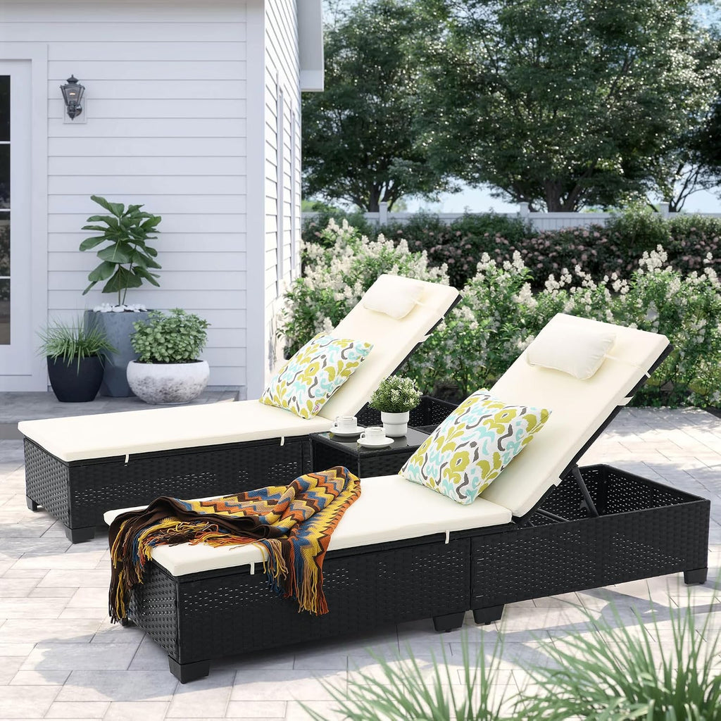 3-Piece Outdoor Lounge Chairs Set, Chaise Lounge Patio Chairs with Coffee Table, Adjustable Wicker Chairs