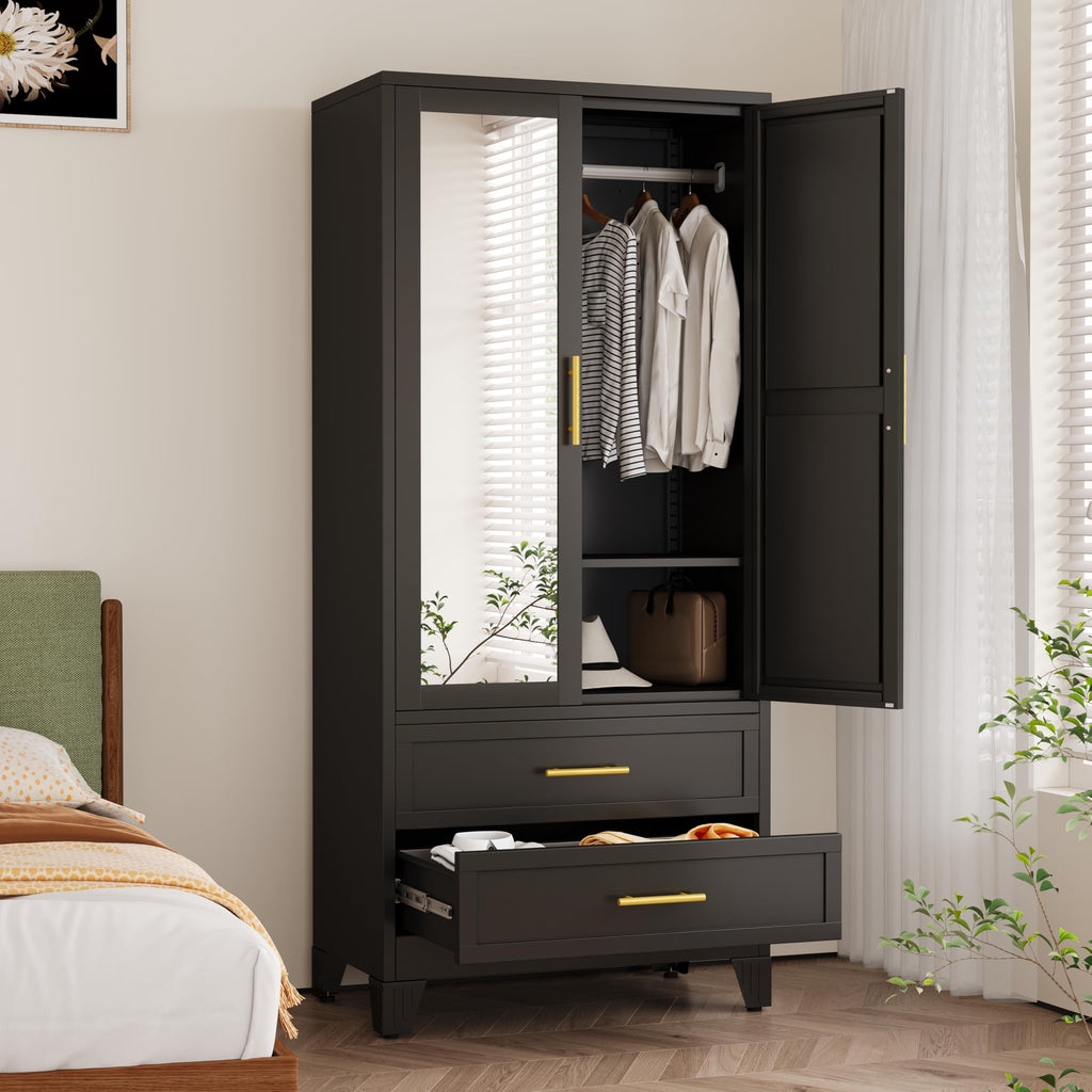 Metal Armoire Wardrobe, 71" Tall Bedroom Closet with Mirror and 2 Drawers