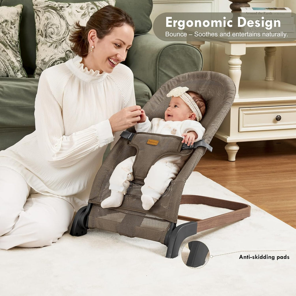 Foldable Baby Bouncer Seat, 3 Heights, Breathable Mesh (Light Brown)