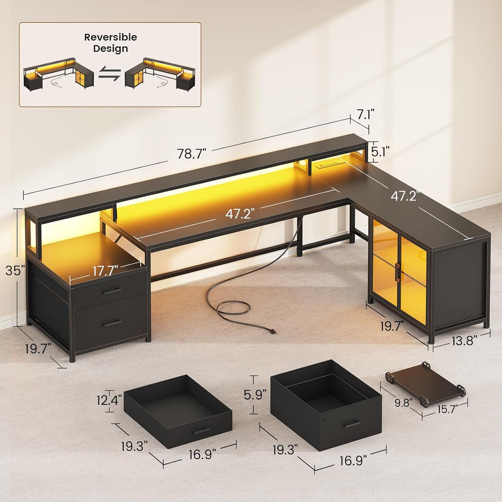 78.7" Large L Shaped Gaming Desk with Drawers, LED Light | Reversible Corner Computer Desk with Storage Shelves
