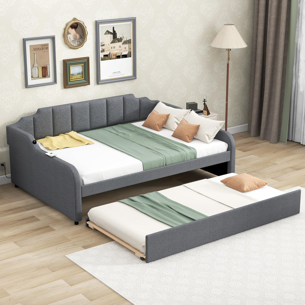 Full Upholstered Daybed with Pop up Trundle, Extendable Sofa Bed Full Daybed with USB Charging and Adjustable Trundle