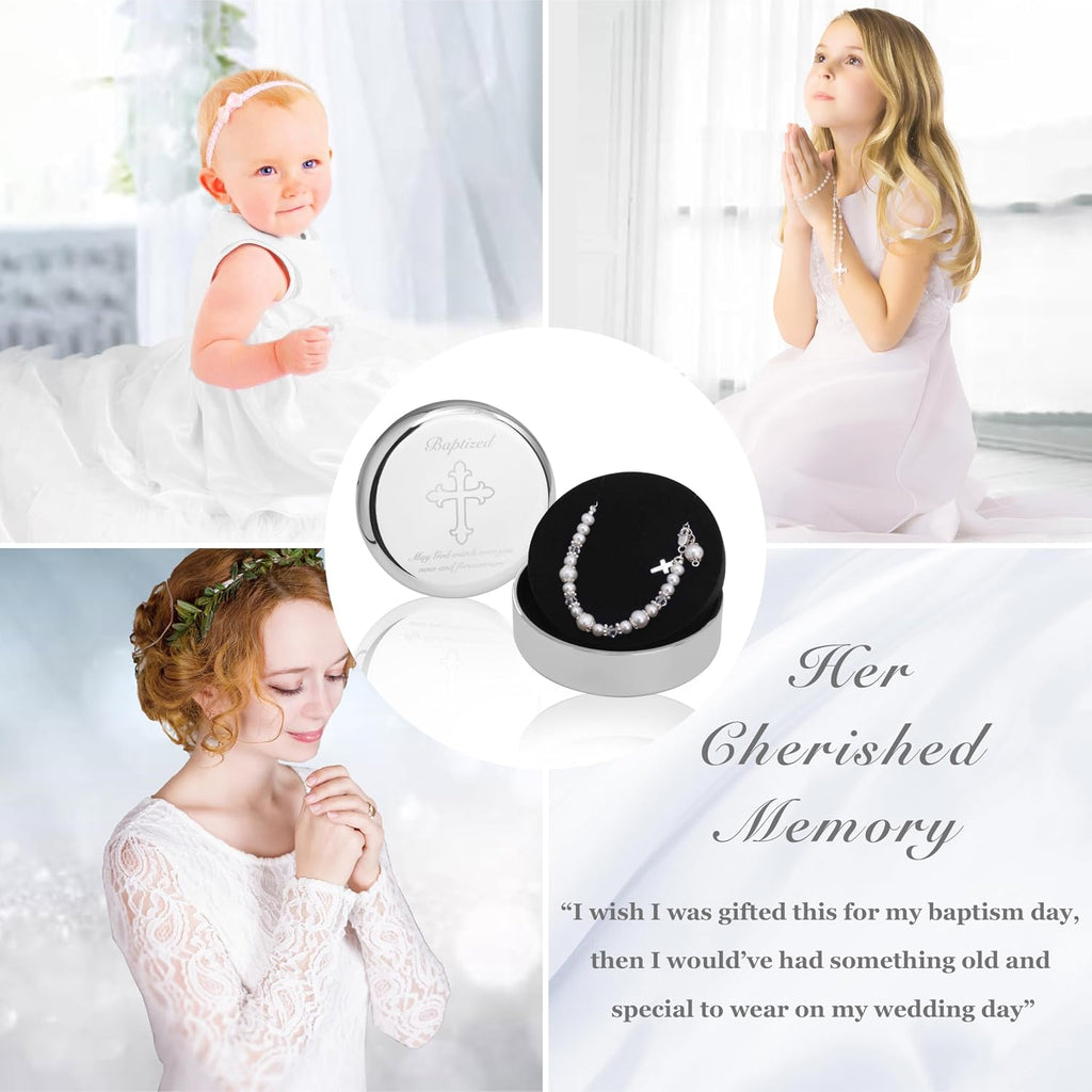 Baptism Bracelet in 925 Sterling Silver and Cultured Pearls for Baby Girls, with Silver-plated Jewelry Keepsake Box