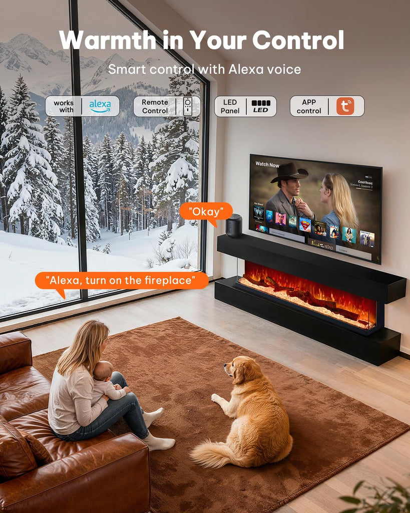 50" 3-Sided Electric Fireplace with Smart App & Alexa Control, 3375 Flame Color Combinations, 15-Color Back, Ember &