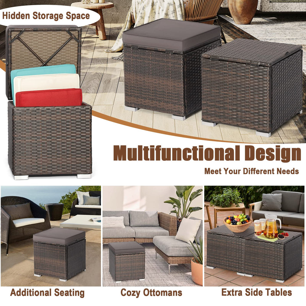 Outdoor Storage Ottoman Wicker 2 Piece, Patio Ottomans PE Rattan Foot Rest Footstool with Cushions for Couch, Chair