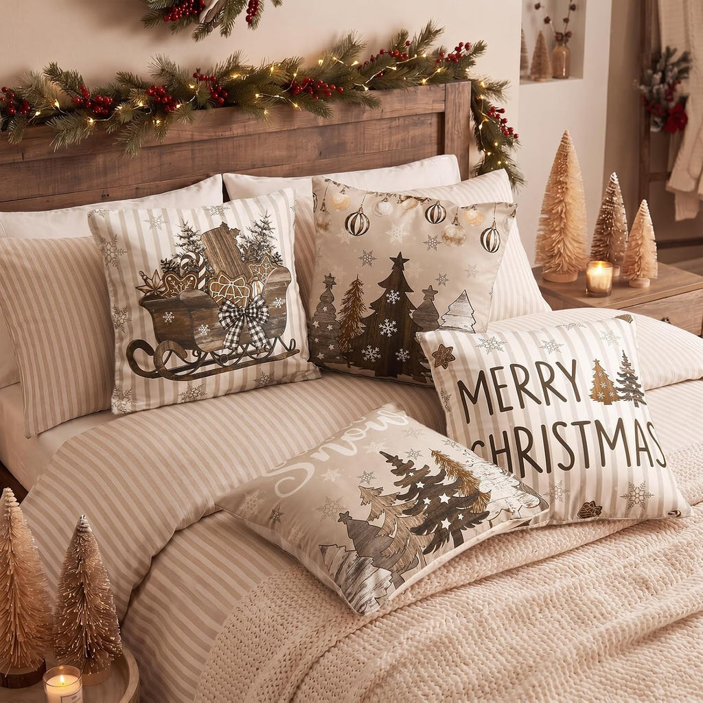 Set Neutral Christmas Pillow Cover 18 x 18 Brown Pillow Case - Set of 6