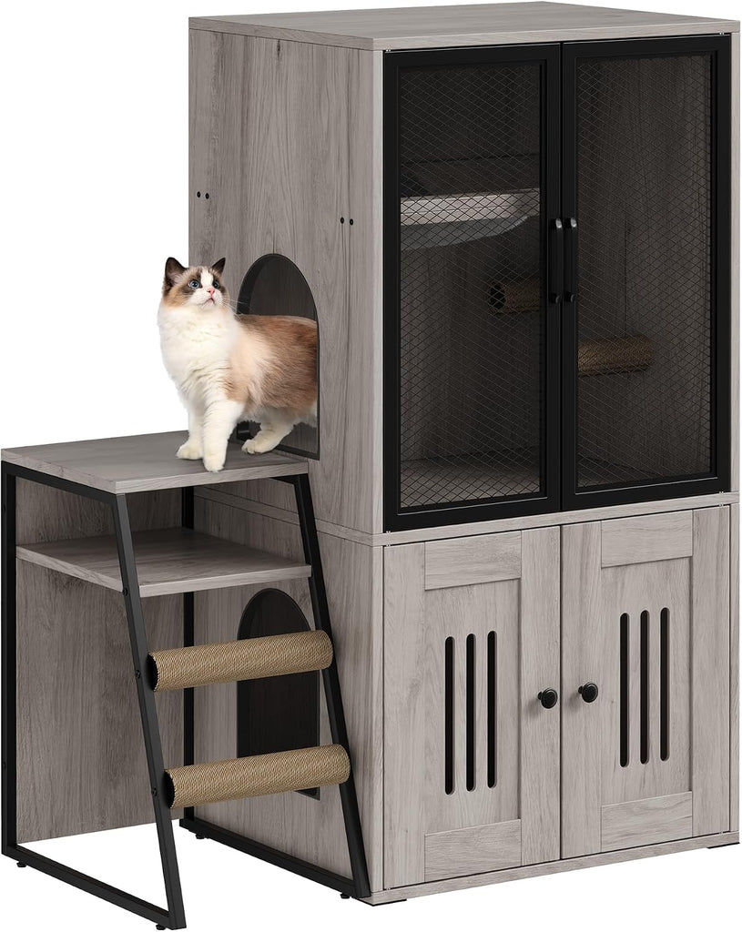 Double Cat Litter Box Enclosure Furniture with Doors - Hidden Storage, Ladder, Hammock, Metal Mesh - Multifunctional