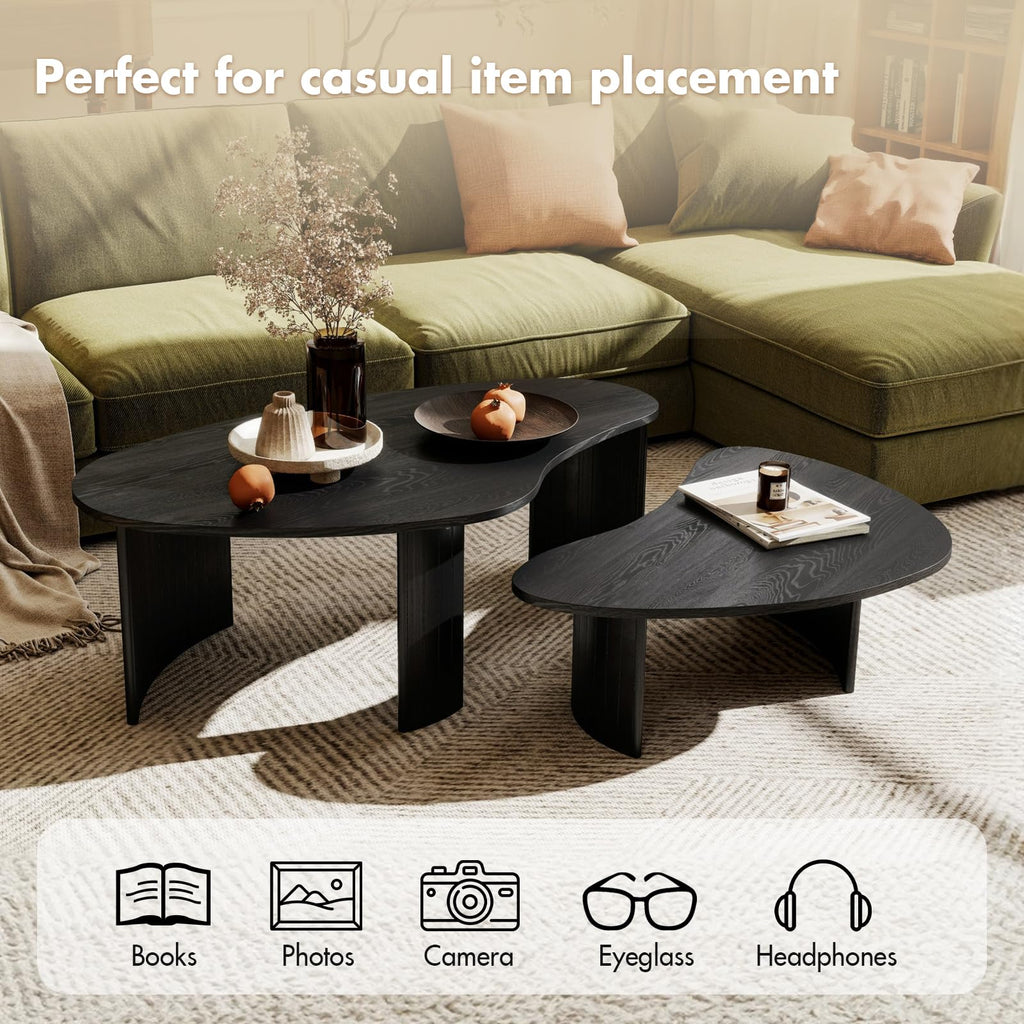 Black Nesting Coffee Table Set of 2, Organic Cloud-Shaped Design