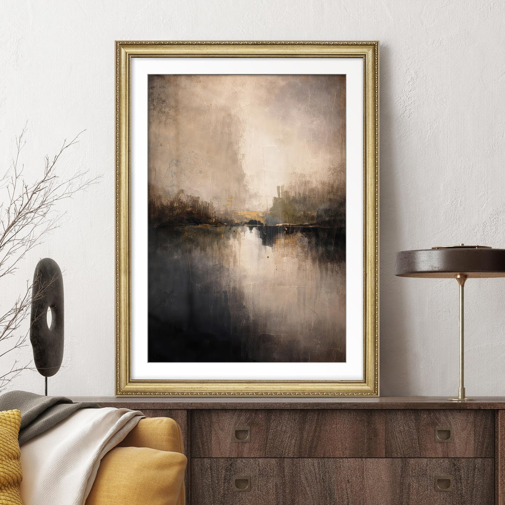 Premium Framed Wall Art Abstract Moody Reflection Landscape in Earth Tones Illustrations Impressionism Colorful - 26"