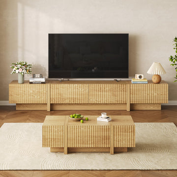 Fluted TV Stand and Coffee Table Set of 2, Rectangular, Natural