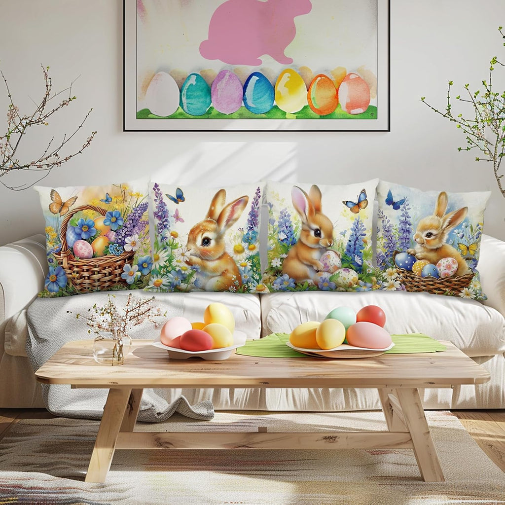 Easter Pillow Covers 18x18 Inch Bunny Eggs Throw Pillow Covers Easter Floral Butterfly Decorative Pillowcase - Set of 4