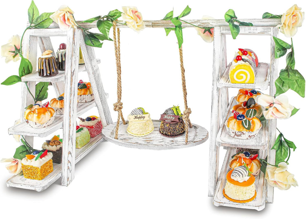 Wooden 3 Tier Cupcake Stand with Swing and Flower Decoration Serving Removable Tray Display Serving Ladder Foldable