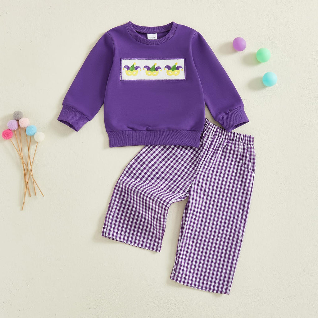 Toddler Baby Boy Carnival Outfit Mardi Gras Crewneck Sweatshirt Long Sleeve Shirt Pants Cute Spring Clothes