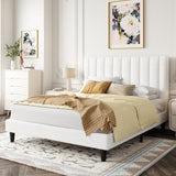 Full Bed Frame/Velvet Upholstered Bed Frame with Vertical Channel Tufted Headboard/Strong Wooden Slats/Platform Bed