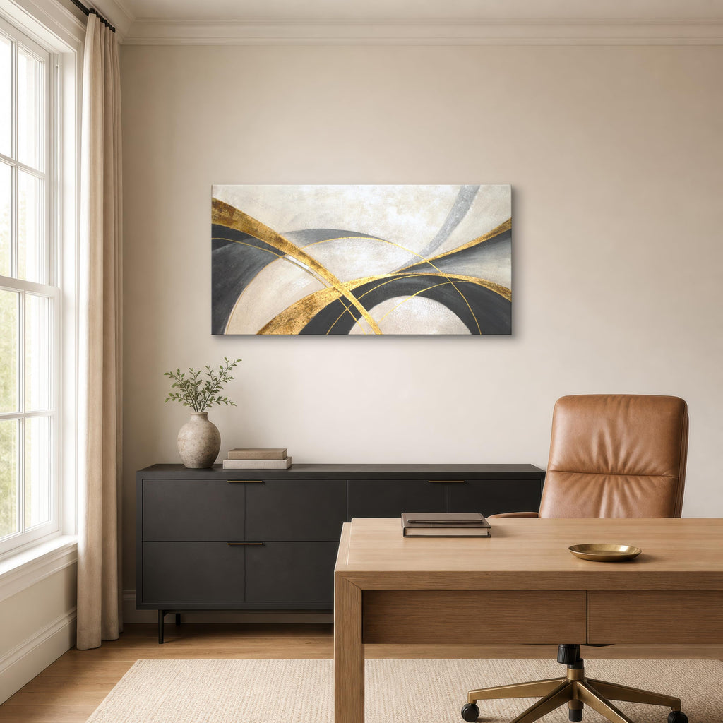 Black and Gold Geometric Abstract Canvas Wall Art, 48 x 24 Inches