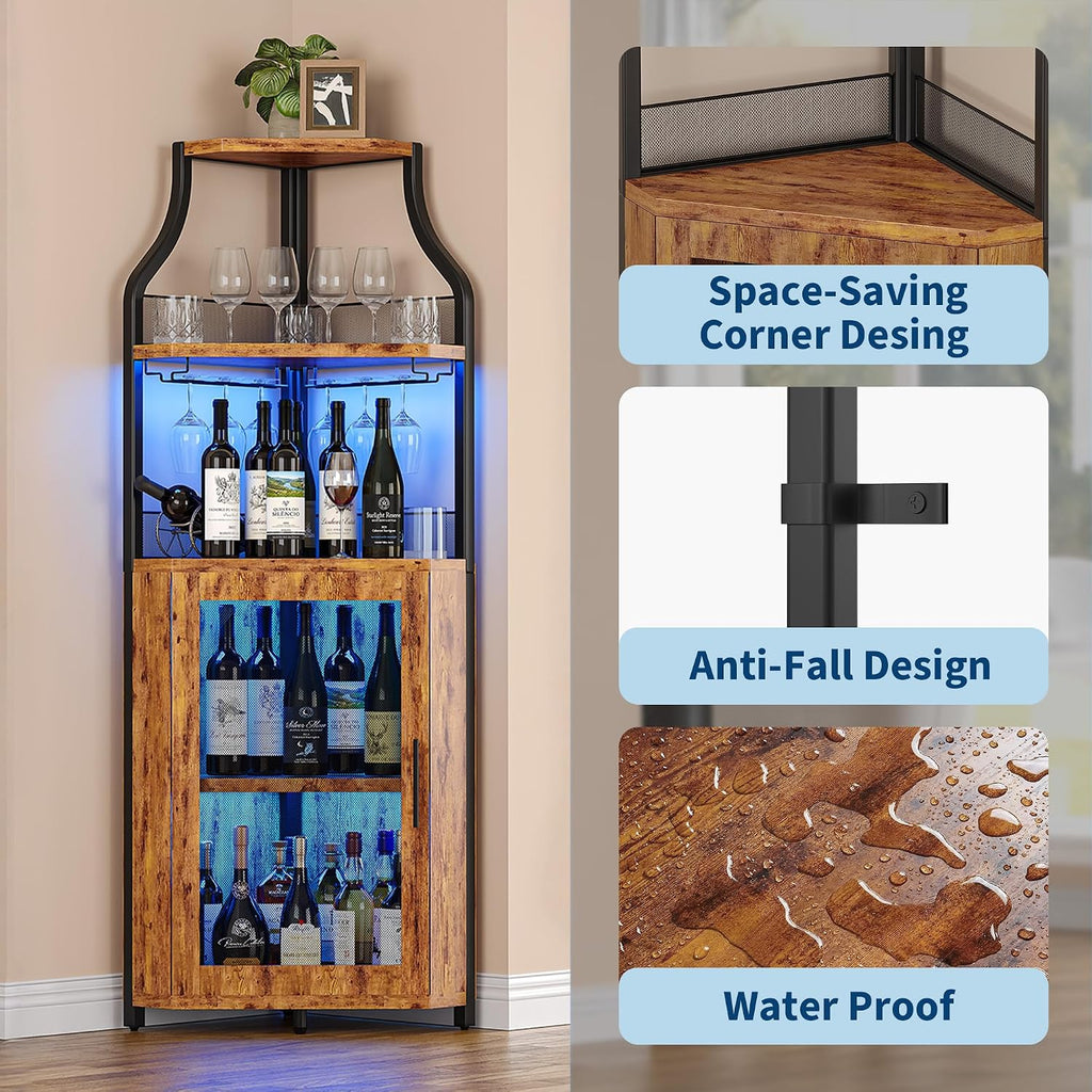 Corner Bar Wine Cabinet with LED Lights, 5-Tier Industrial Wine Cabinet with Glass Holder, Modern Liquor Cabinet with