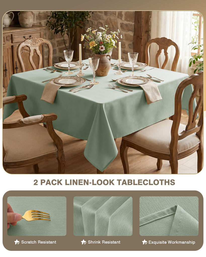 Sage Green Square Tablecloth Waterproof, Slub Textured, 2-Pack