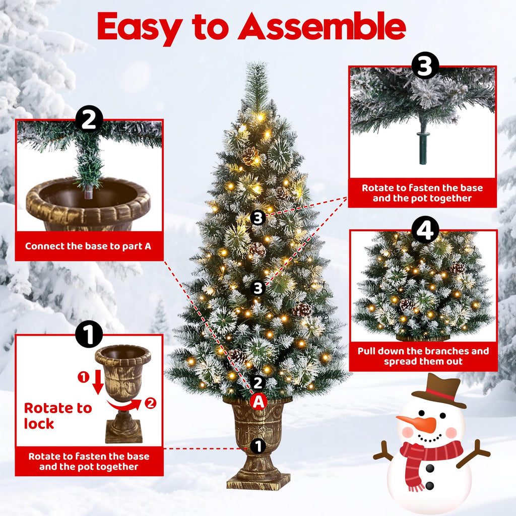 4ft Christmas Tree Pre-Lit Artificial Mini Trees with Gold Pot Base, Flocked Snow Warm White Lights Pine Cones, for