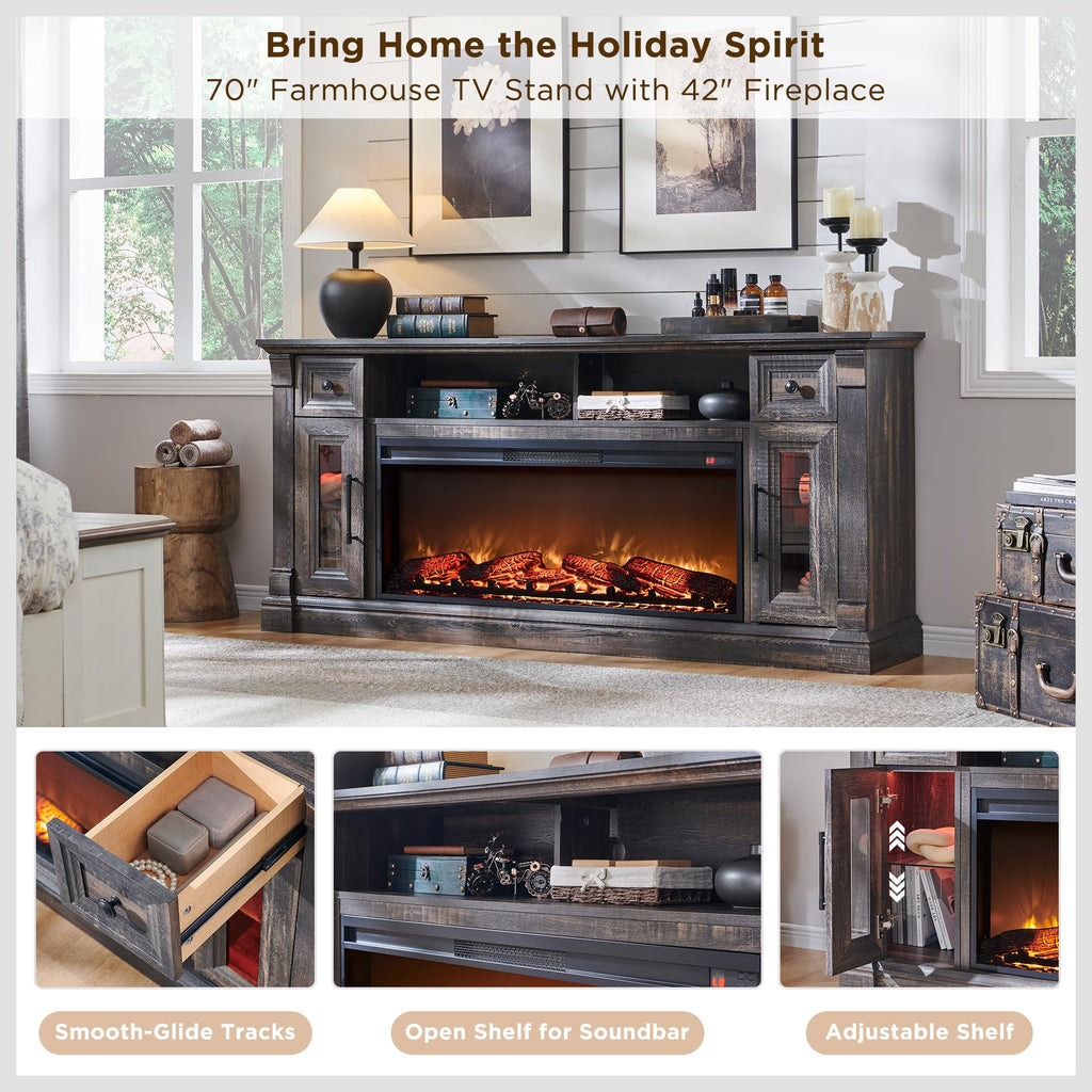 70" Farmhouse Fireplace TV Stand for TVs Up to 80", Dark Rustic Oak
