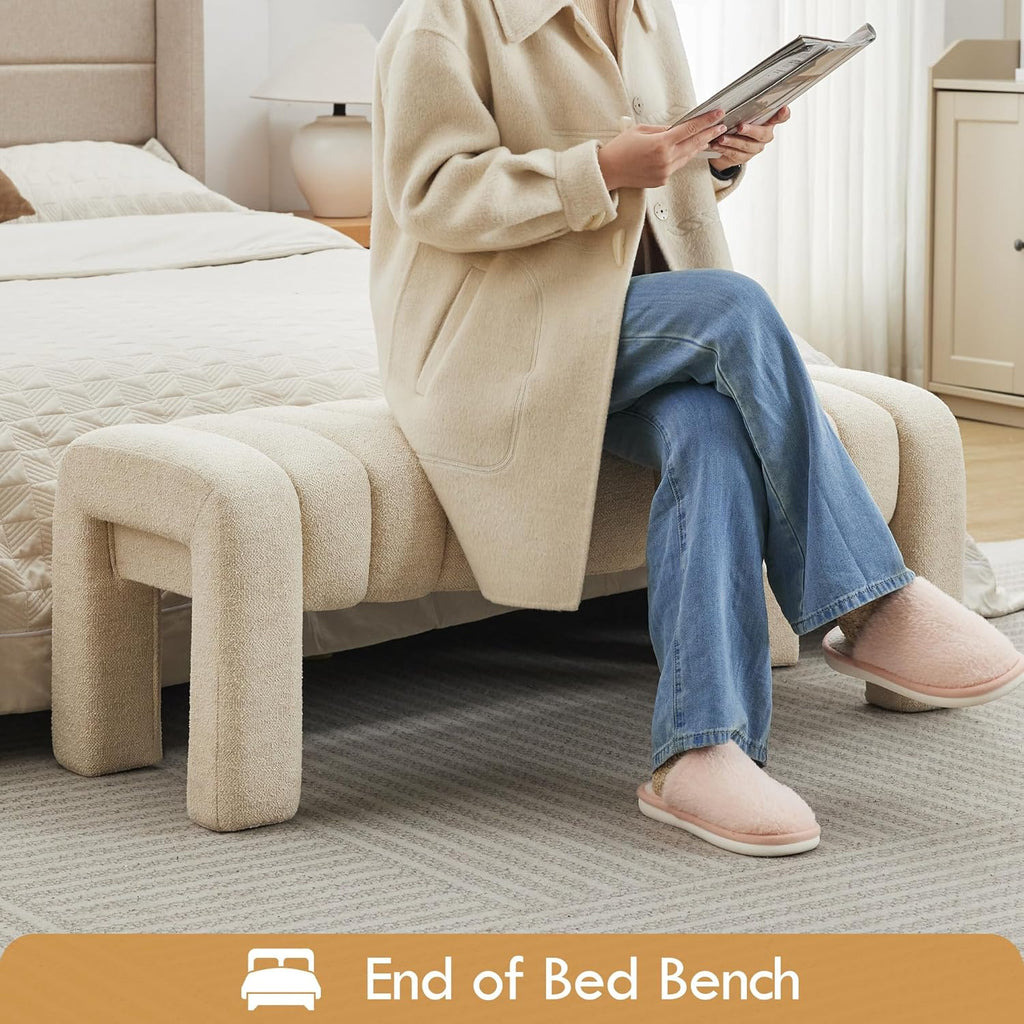 43" End of Bed Bench, Linen Beige | Channel Tufted Upholstered, Entryway Bench, Modern Window Seat, Minimalist