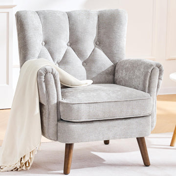 Wingback Accent Chairs, Mid-Century Modern Living Room Chairs, Wingback Reading Chair, Chenille Tufted Upholstered