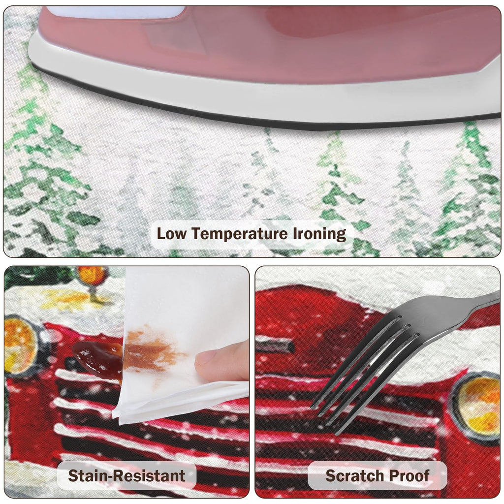 Christmas Round Fitted Tablecloth with Elastic Edge, Water-Resistant Wipeable Winter Snow Red Truck Farmhouse Xmas
