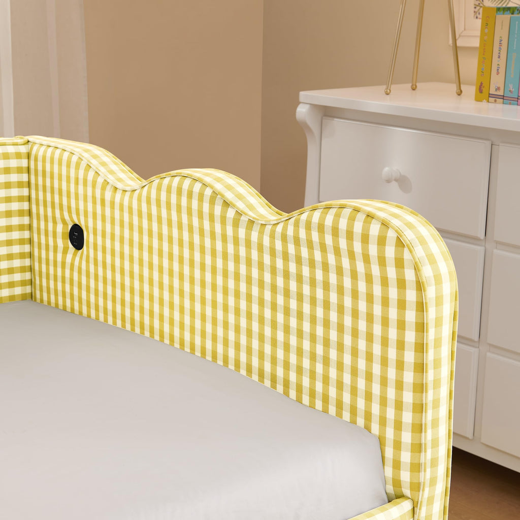 Twin Size Gingham Upholstered Daybed with Pop-Up Trundle, USB, Yellow