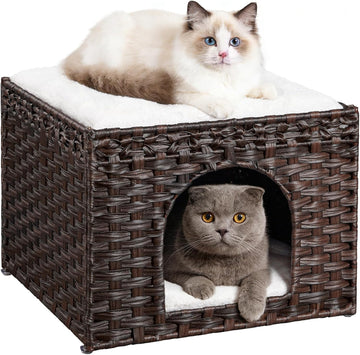 Handwoven Rattan Cat House - Indoor Foldable Cat Bed Cave with 2 Removable Bed Mats, Large Kitten House, Hideaway Pet