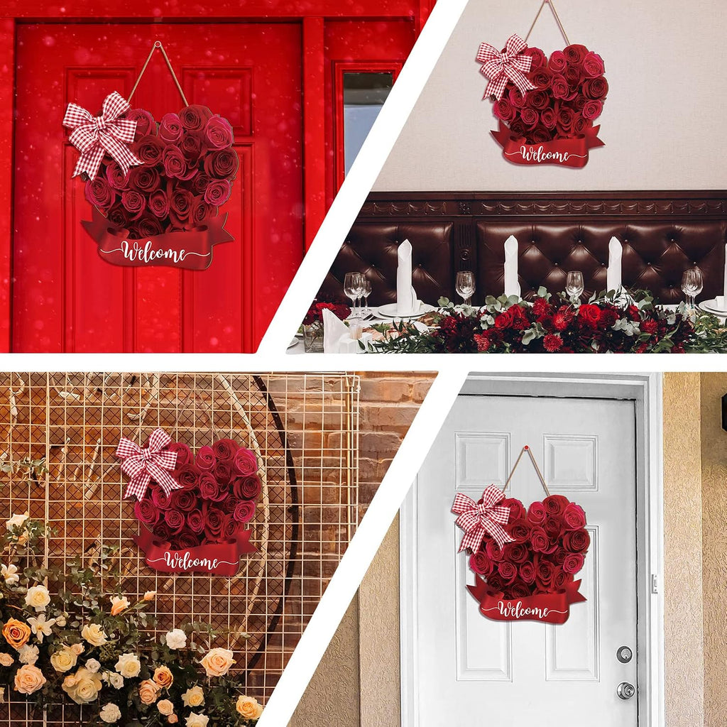 Valentine's Day Wooden Hanging Welcome Sign Romantic Retro Rose Door Decor Rustic Farmhouse Wreath Sign Door