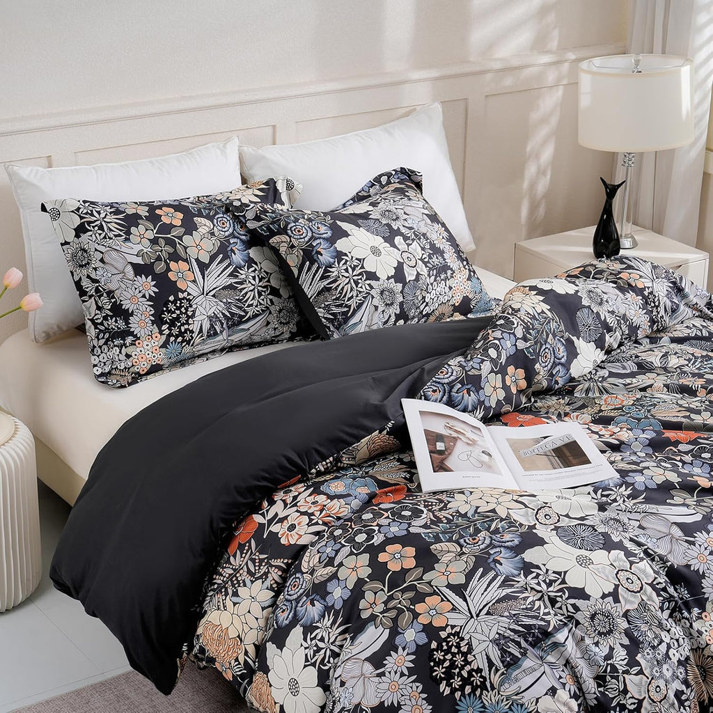 Queen Flower 3 Pcs Duvet Cover Set, Breathable Soft Microfiber Black Lining Comforter Cover with Zipper Closure, and 2 Anti-Pilling, Fade Resistant Pillowcases, Midnight Blossoms