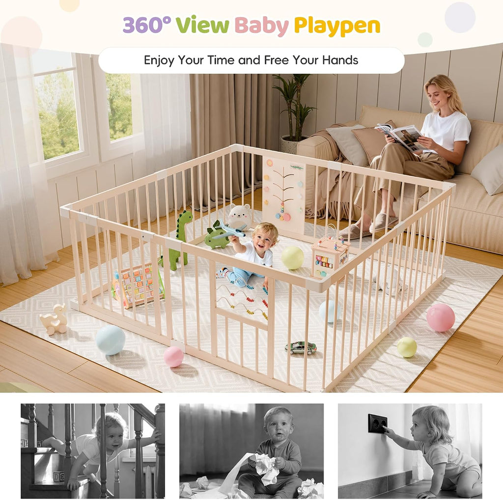 Wooden Baby Playpen, 63" x 63" Adjustable Size & Shape Play Yard Fence for Babies and Toddlers with Locking Gate