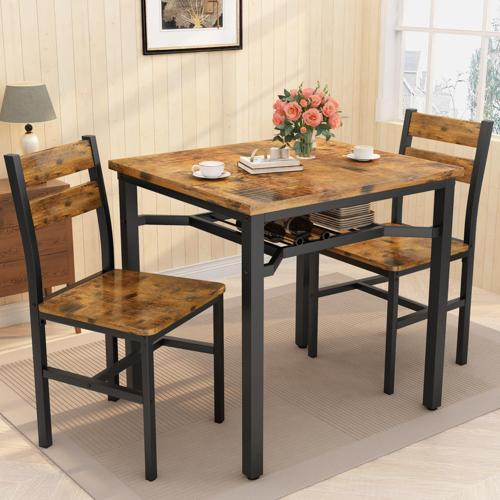 3 Piece Dining Table Set for 2, Small Wooden Kitchen Table with Storage, Farmhouse Square Dinette Set, Breakfast