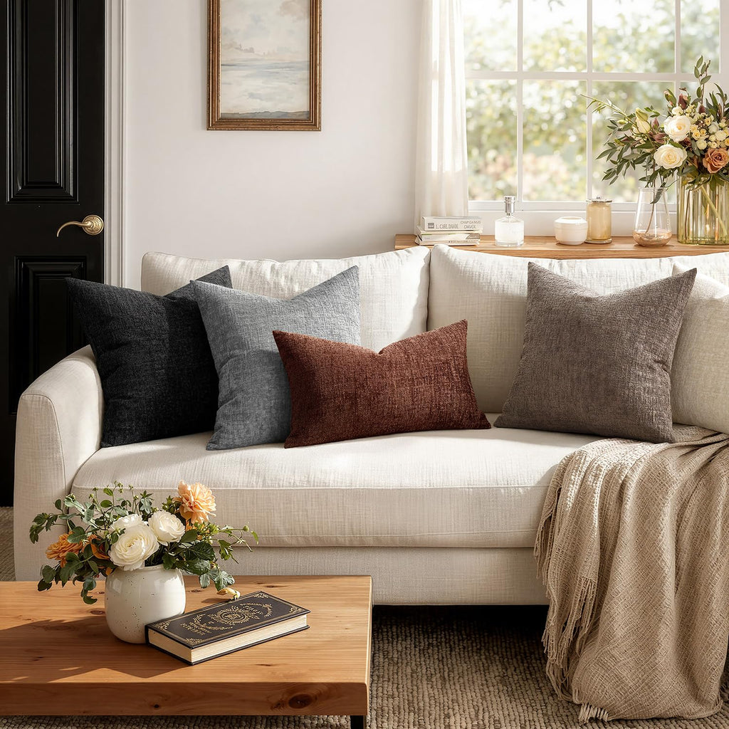 Fall Couch Pillow Covers Textured Chenille 12x20 Taupe