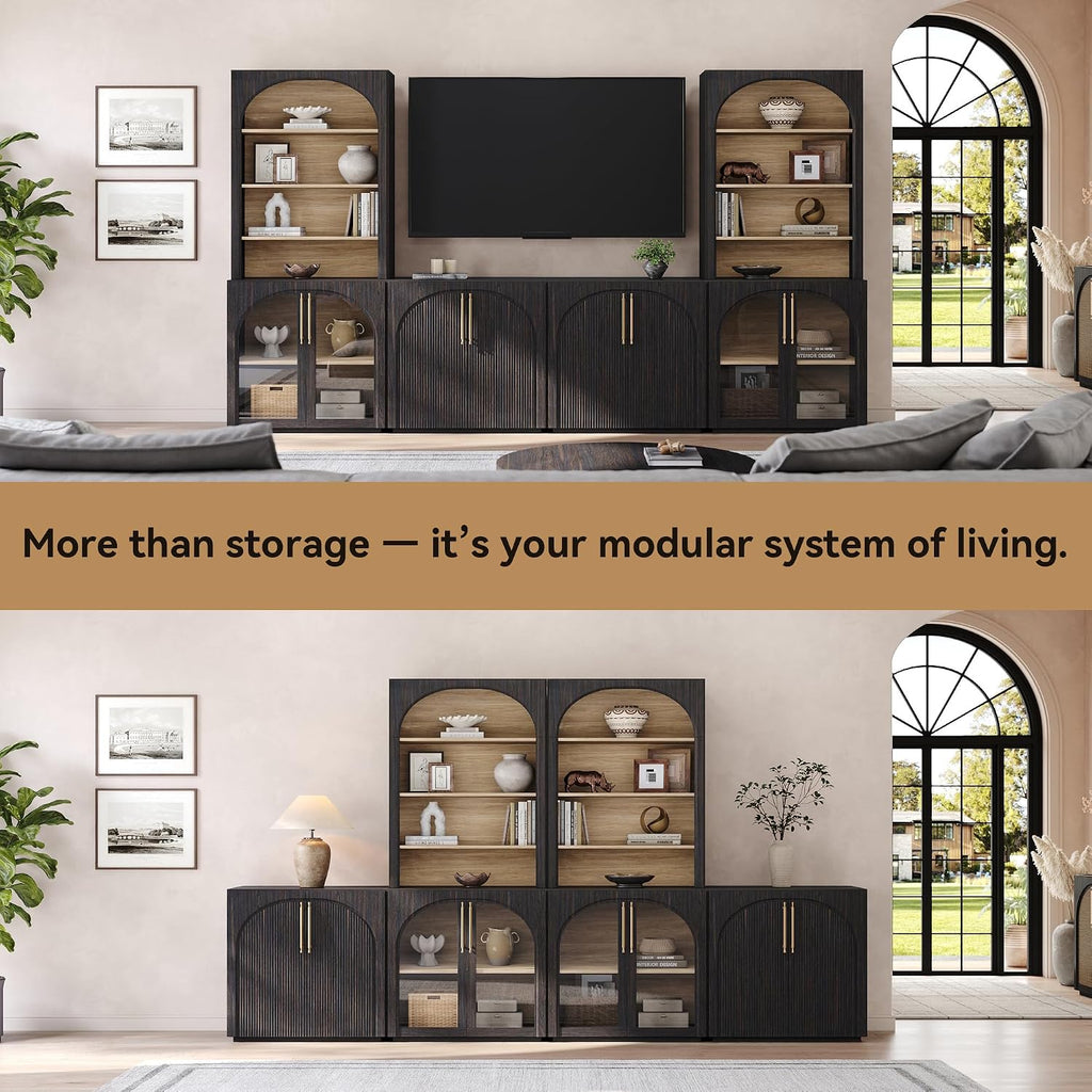 72'' Tall Arched Bookshelf with Fluted Doors, Modular Bookcase | Mid-Century Modern Accent Cabinet, 6 Tier Display