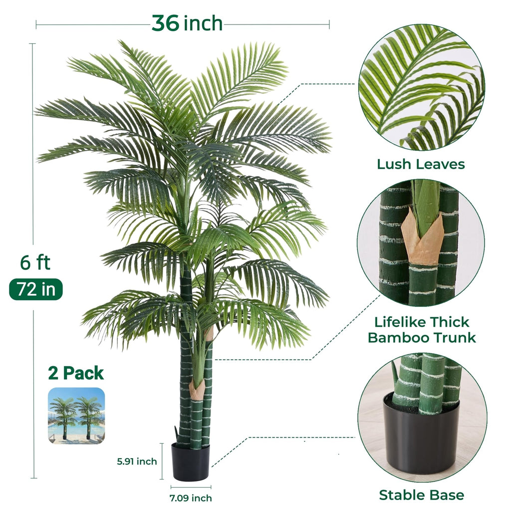 6FT Tall Triple Golden Cane Palm Tree, Artificial Trees Set of 2