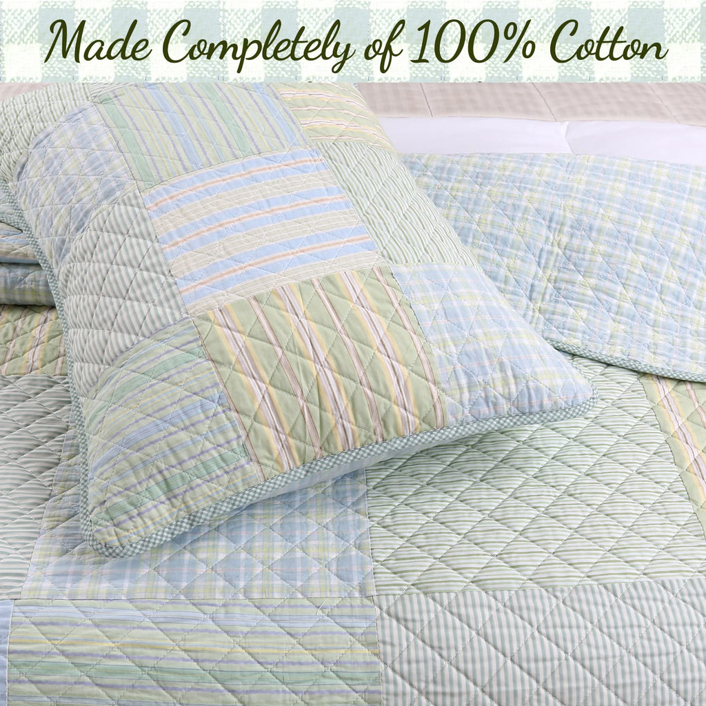 100% Cotton Reversible Quilt Bedding Set, Green Modern Plaid Striped Gingham All-Season Coverlet Bedspread (Juniper