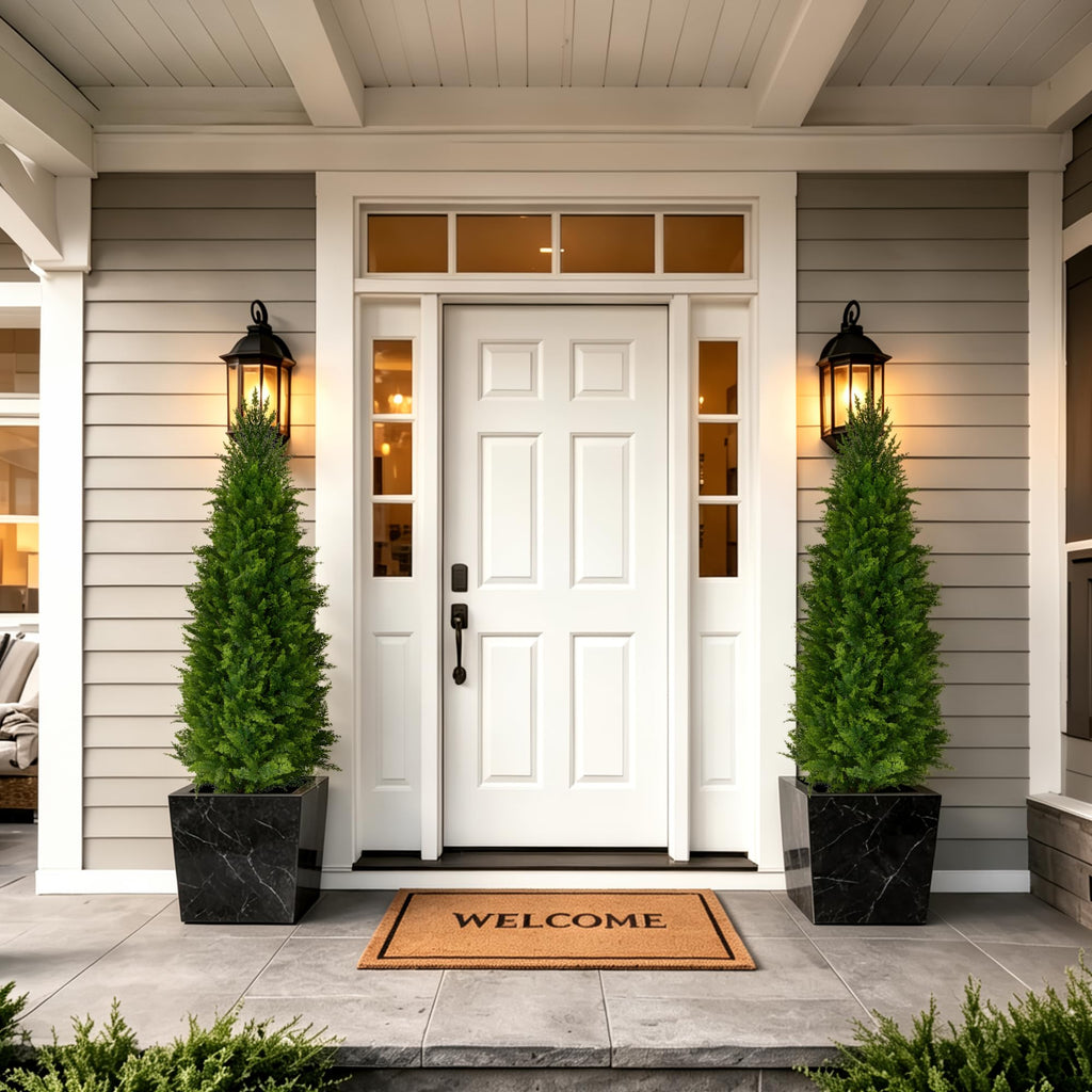 4 Ft Artificial Cedar Topiary Trees 2 Pack, UV Resistant Potted Faux Cypress Shrubs with Extra Dense Foliage for