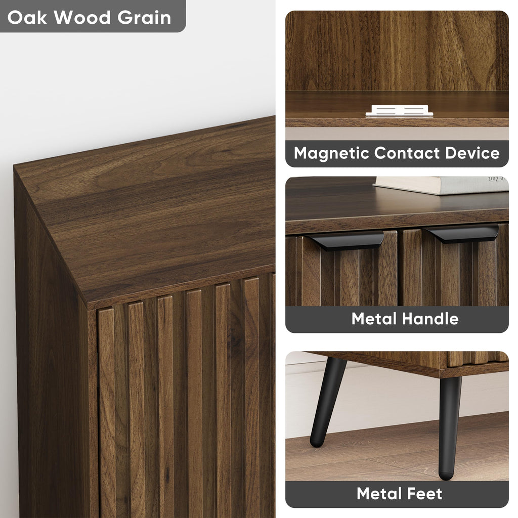 63" Fluted Sideboard Cabinet, Freestanding Walnut Buffet Cabinet with Adjustable Shelf, Wood Storage Cabinet