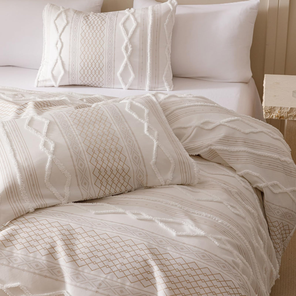 Ivory Boho Comforter Set Full Mixed Textures Jacquard Bedding Set Durable Chic and Stylish Bedroom Set