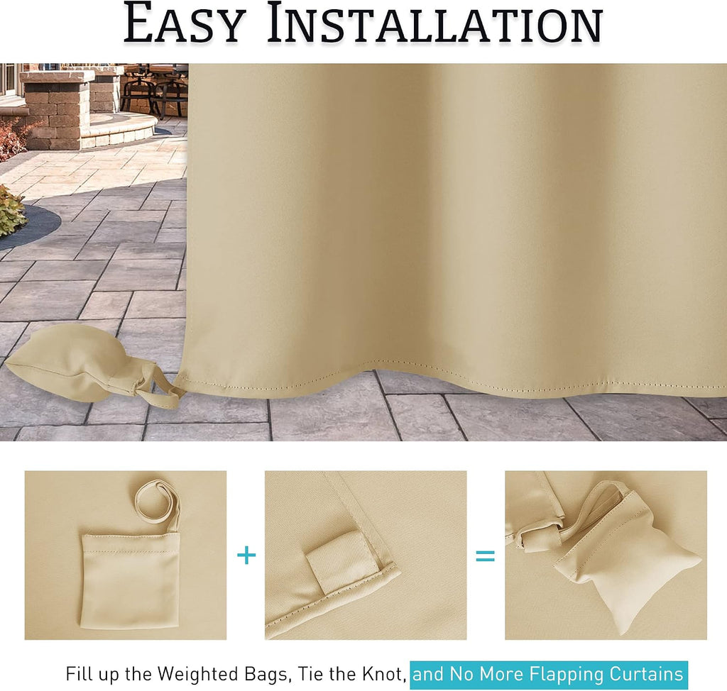 Outdoor Curtains Windproof - Waterproof Blackout Curtain with Weight Bags, Privacy Insulated Drapes Screen Porch