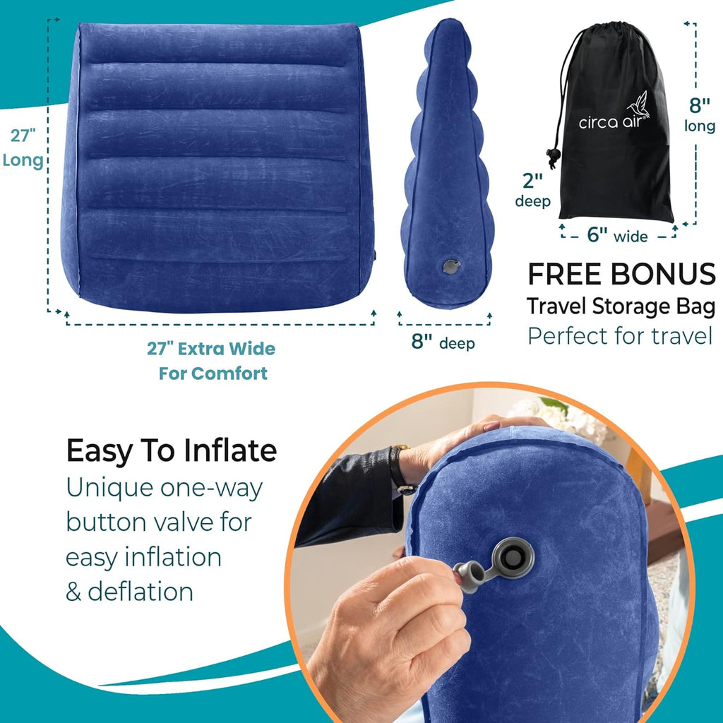 Inflatable Wedge Pillow (Blue 27') and Mini Pump Bundle - Travel Wedge Pillow for Sleeping, GERD, Snoring, or Acid