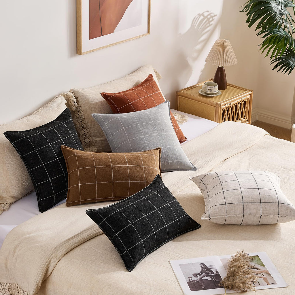 Cream White Plaid Minimalist Linen Decorative Pillow Covers 20x20 Set of 2