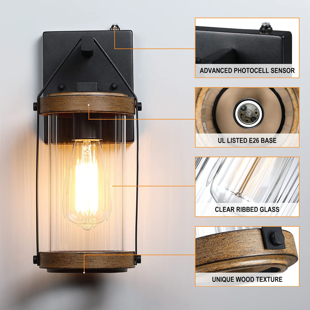 2 Pack Dusk to Dawn Sensor Outdoor Wall Lights with Wood Grain