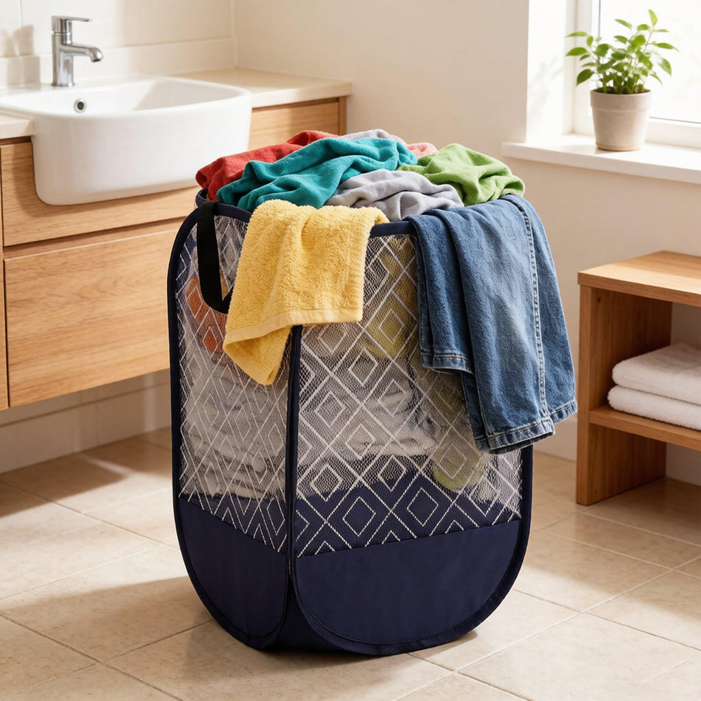 Extra Large Mesh Pop Up Laundry Hamper 2 Pack. Blue Travel Basket