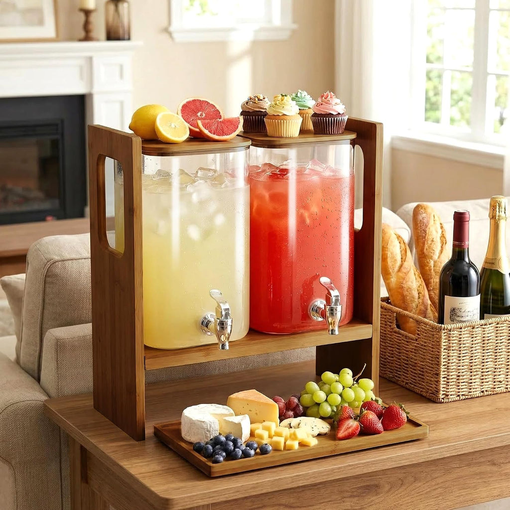 1.2 Gallon Glass Drink Dispenser with Stand and Serving Tray - Set of 2