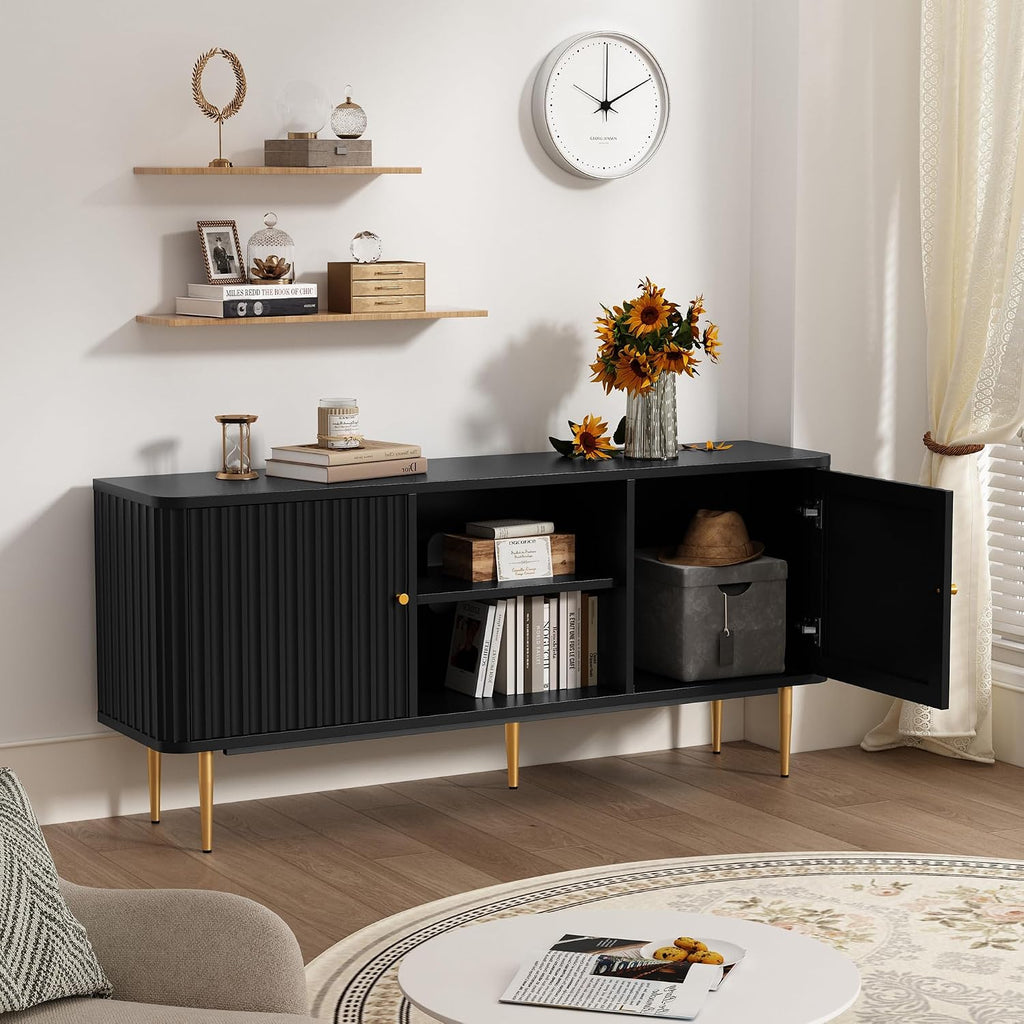 55" Mid Century Modern Fluted TV Stand for TVs up to 65 Inch,Black | Entertainment Center w/ Storage Cabinet & Open