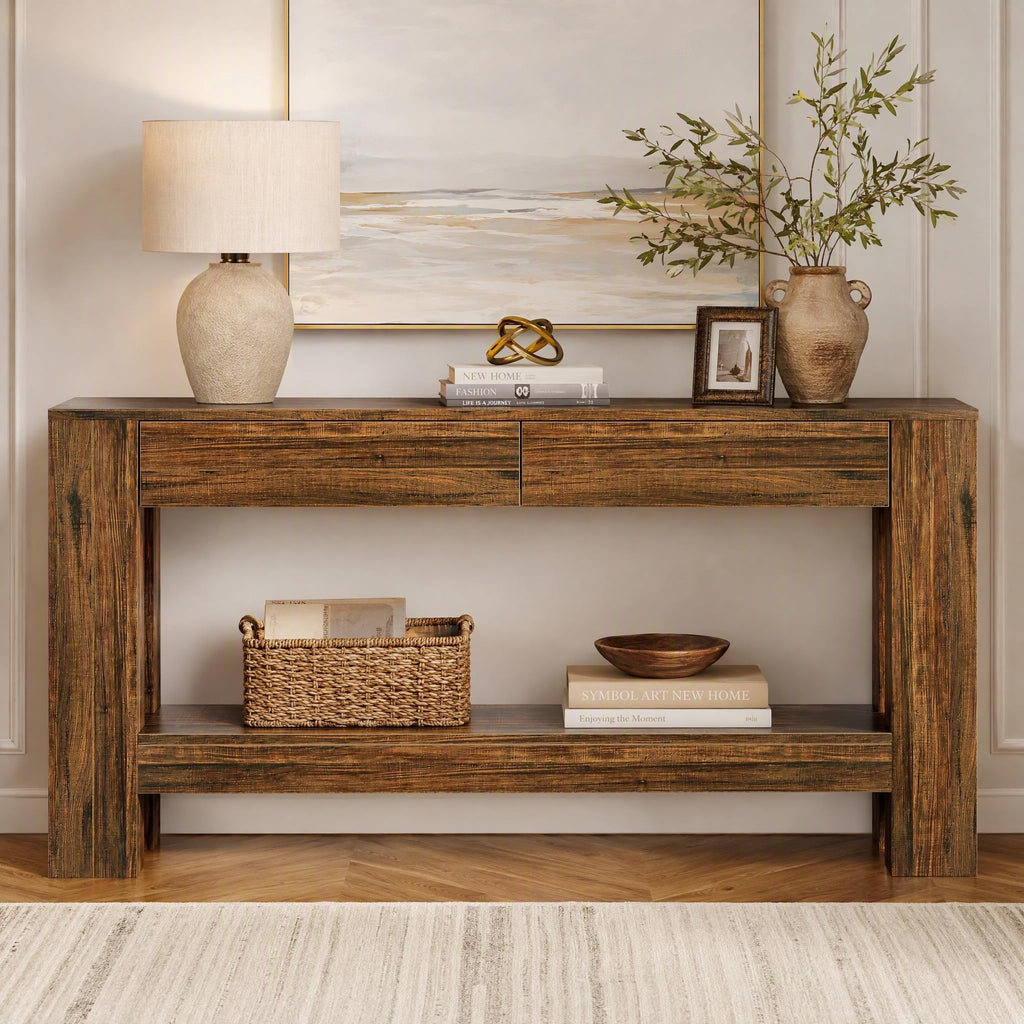 63 Inch Farmhouse Console Table with 2 Drawers and Open Shelf