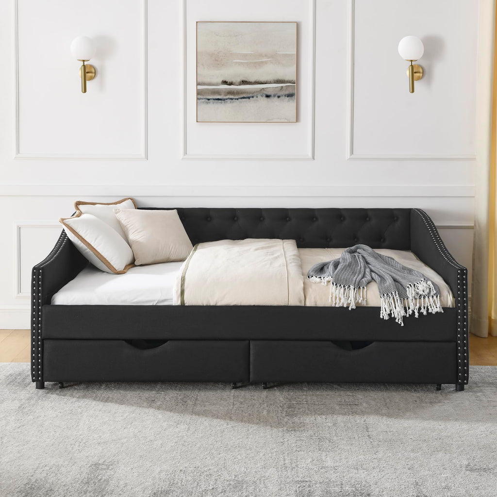 Full Daybed Frame with Two Storage Drawers, Modern Upholstered Button Tufted Day Bed w/Nailhead Trim and Wood Slat
