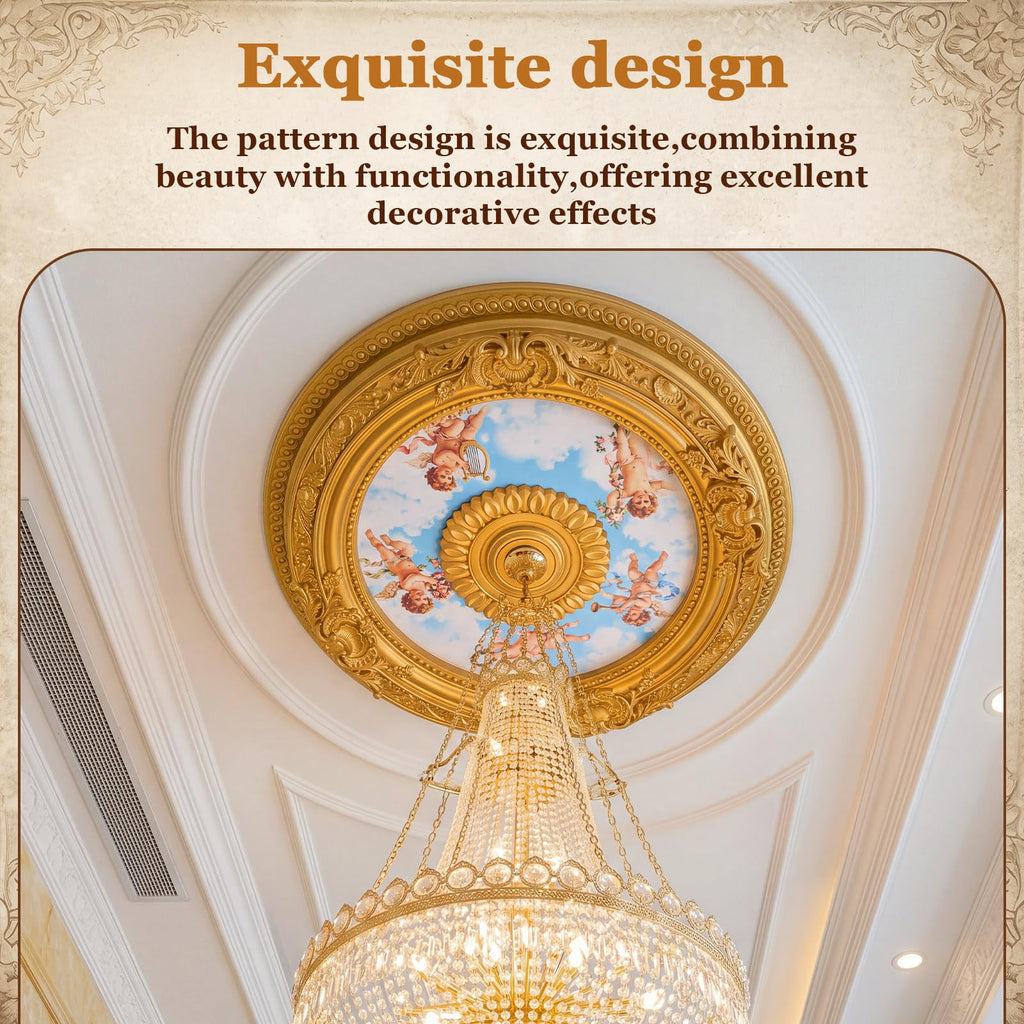 24" OD X 2.36" ID Gold Ceiling Medallion, Round Cherubs Sky