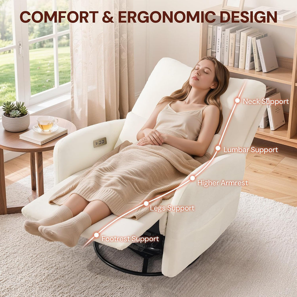 Power Swivel Rocker Recliner Chair, Electric Nursery Rocking Chairs with USB & Type-C Ports, Upholstered 23" Wide